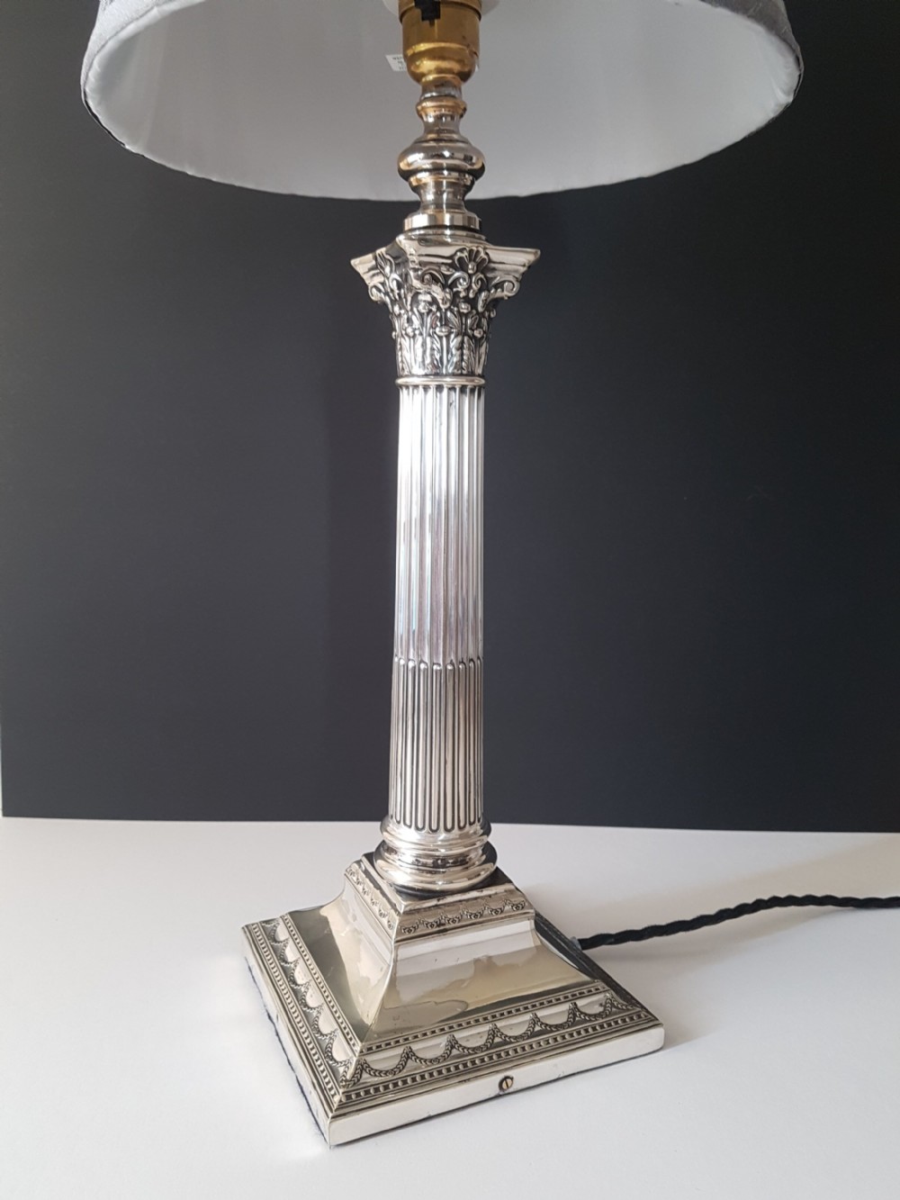 c1910 Large Silver Plated Corinthian Column Lamp View II