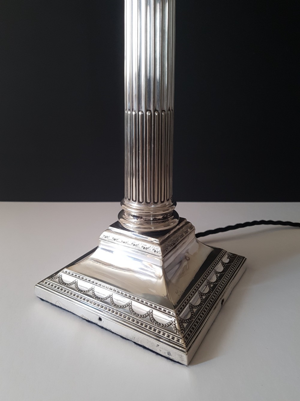 c1910 Large Silver Plated Corinthian Column Lamp View VII