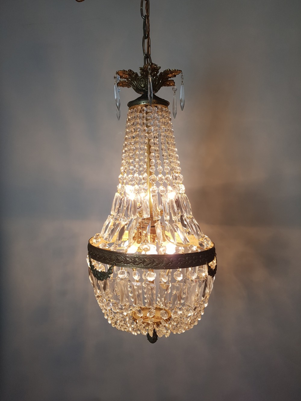 c1920 Large Crystal Gilt Brass Bag Chandelier 