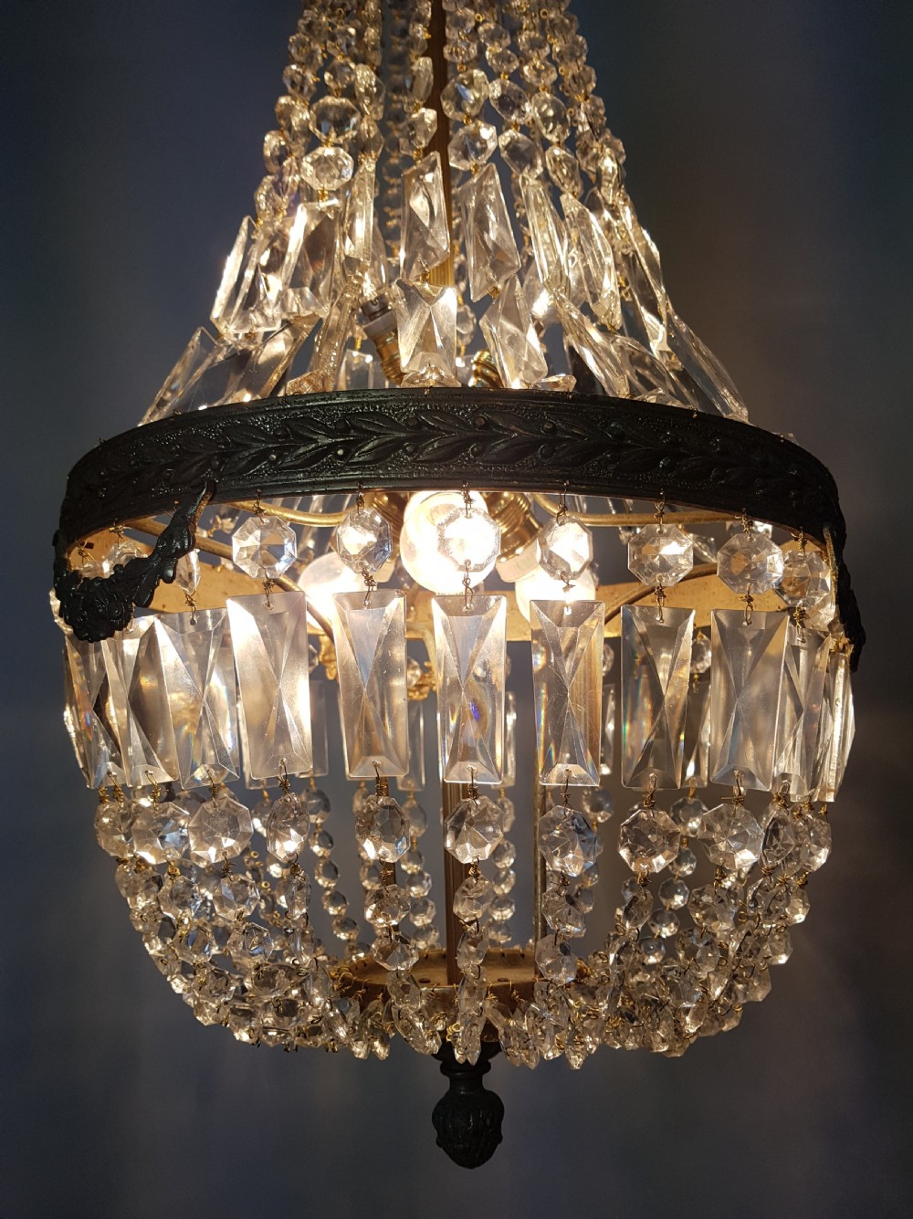 c1920 Large Crystal Gilt Brass Bag Chandelier  View II