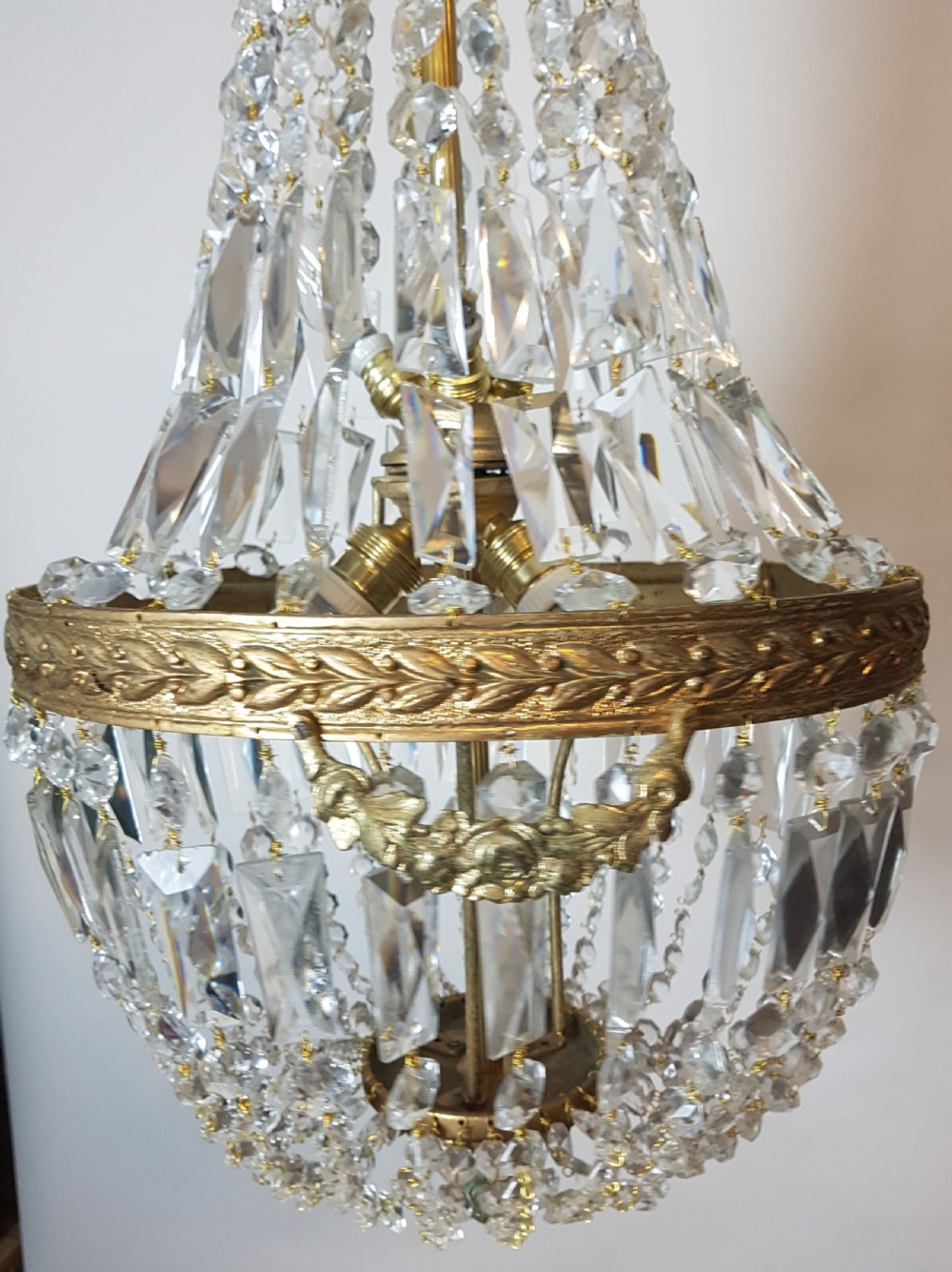 c1920 Large Crystal Gilt Brass Bag Chandelier  View III