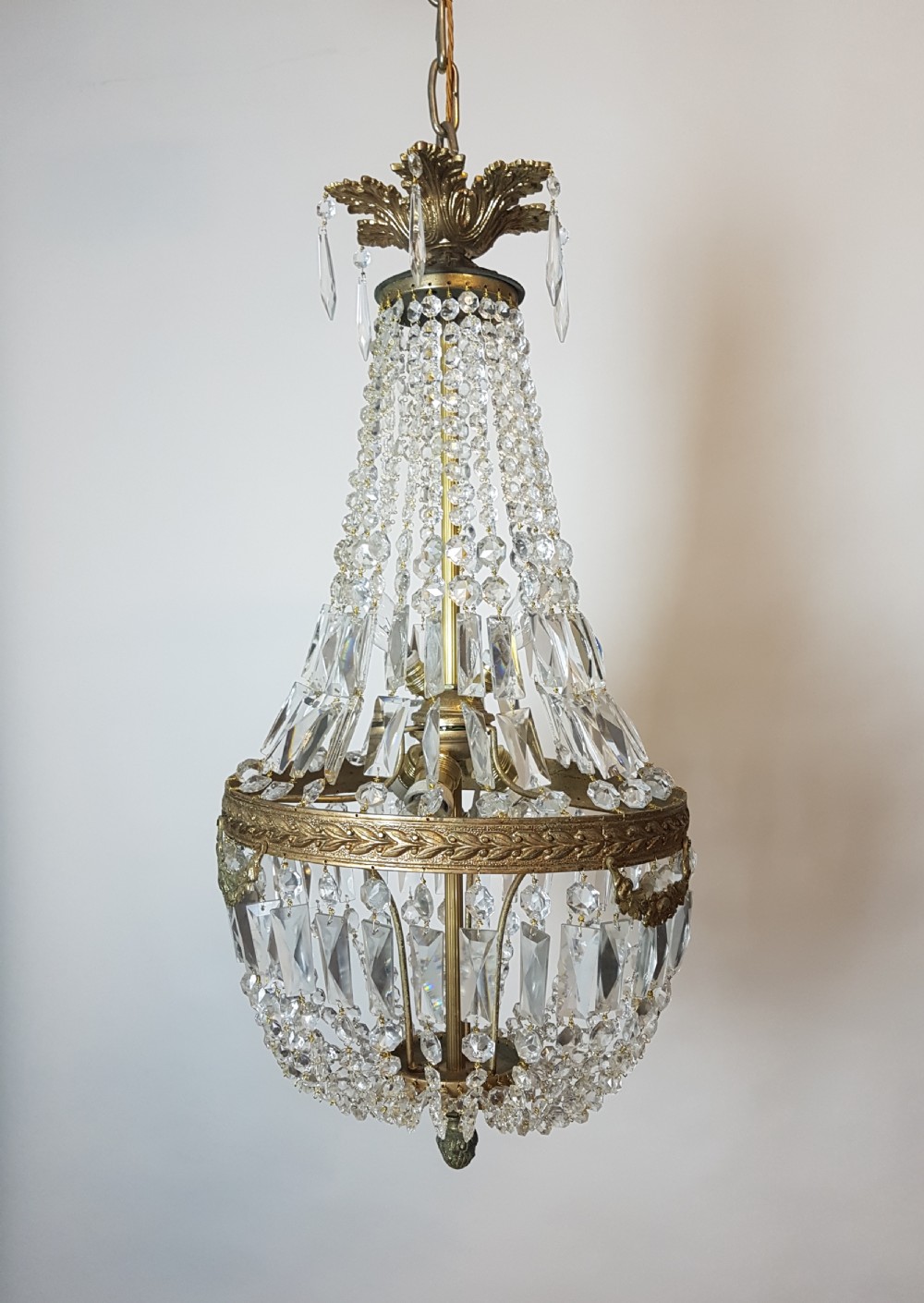 c1920 Large Crystal Gilt Brass Bag Chandelier  View IV