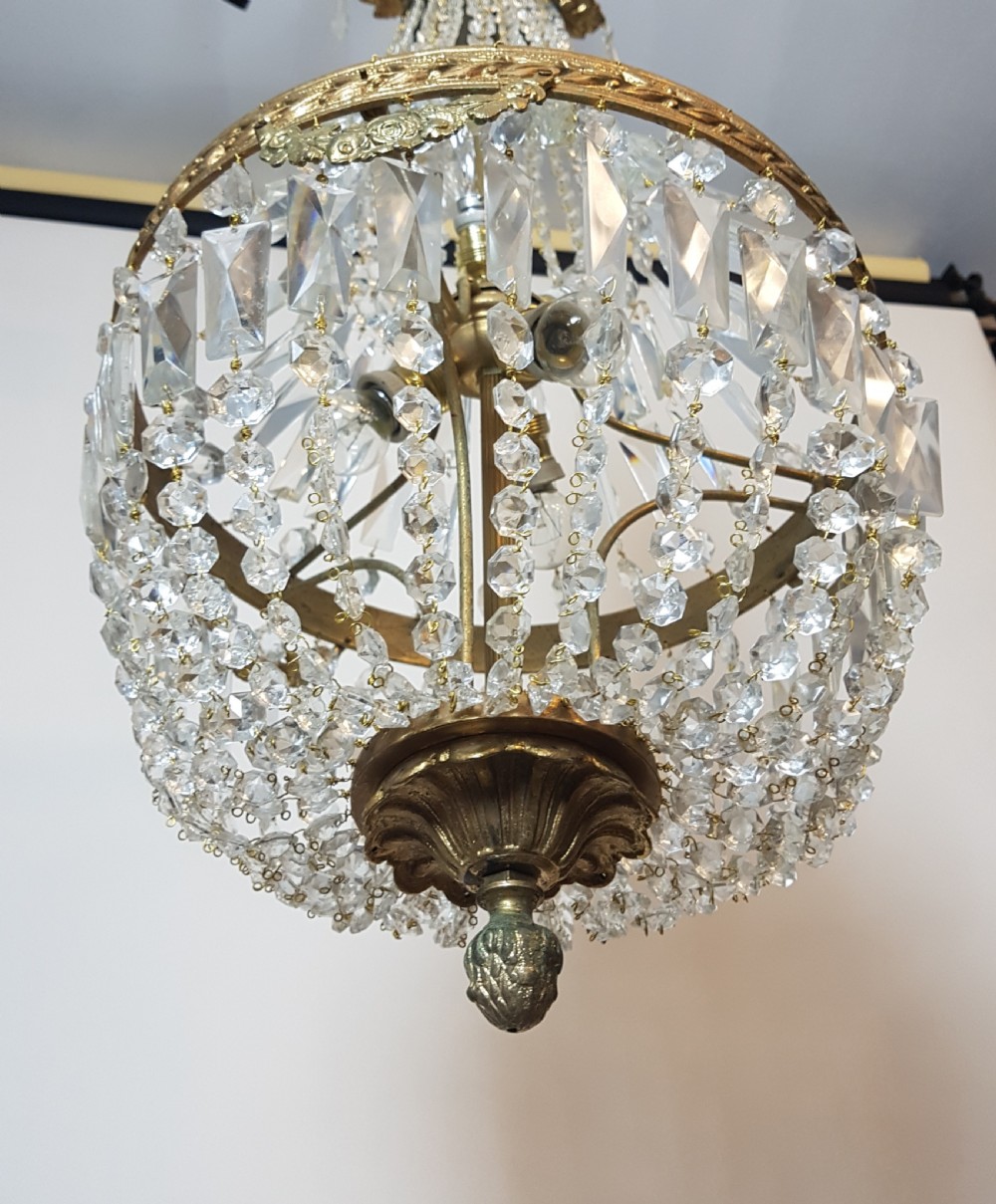 c1920 Large Crystal Gilt Brass Bag Chandelier  View V