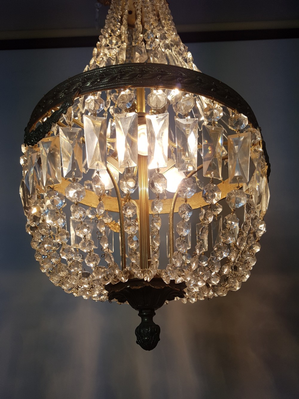 c1920 Large Crystal Gilt Brass Bag Chandelier  View VI