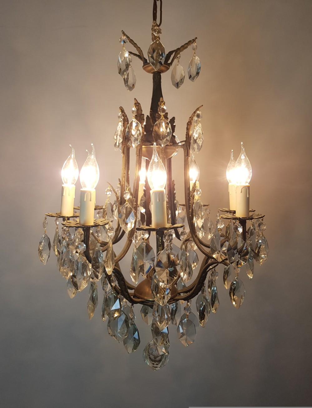 c1910 8 Arm Gilt Brass Birdcage Chandelier; fully rewired and restored