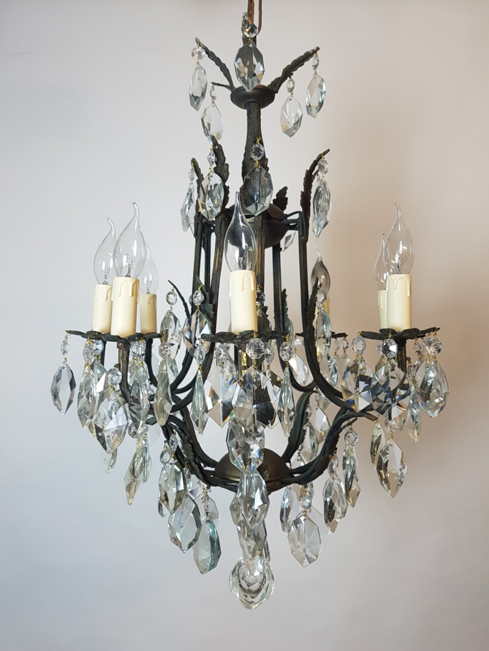 c1910 8 Arm Gilt Brass Birdcage Chandelier; fully rewired and restored View III