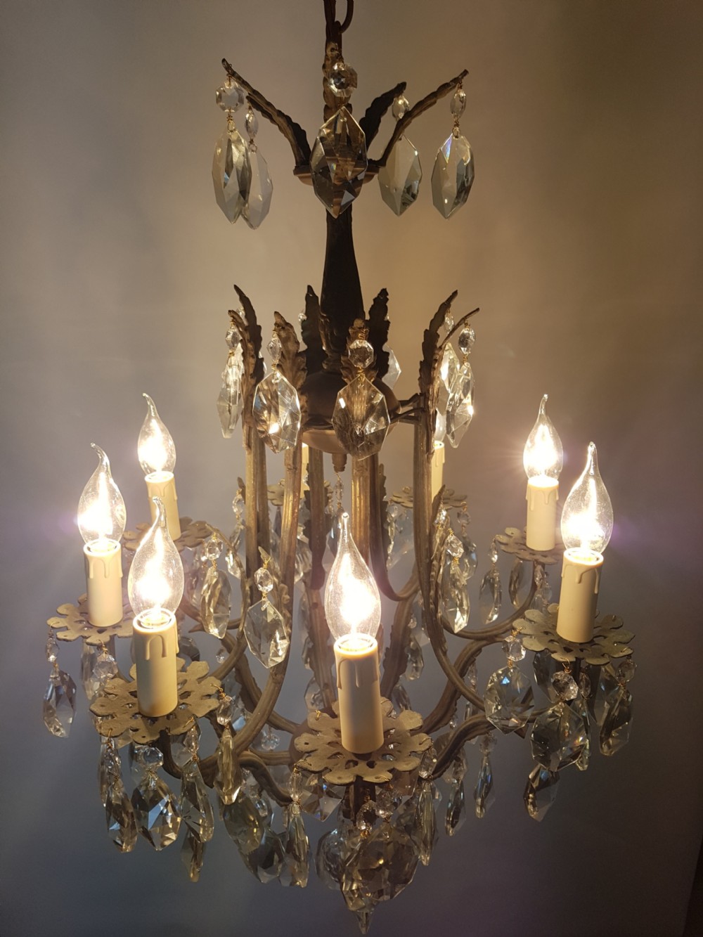 c1910 8 Arm Gilt Brass Birdcage Chandelier; fully rewired and restored View VII