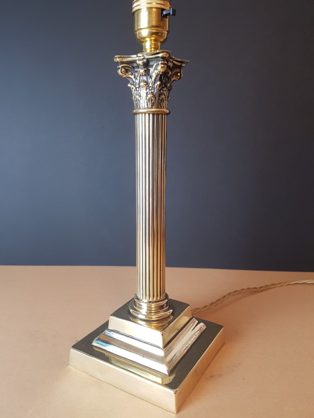 c1920 Brass Corinthian Column Table Lamp; Rewired and PAT tested View II