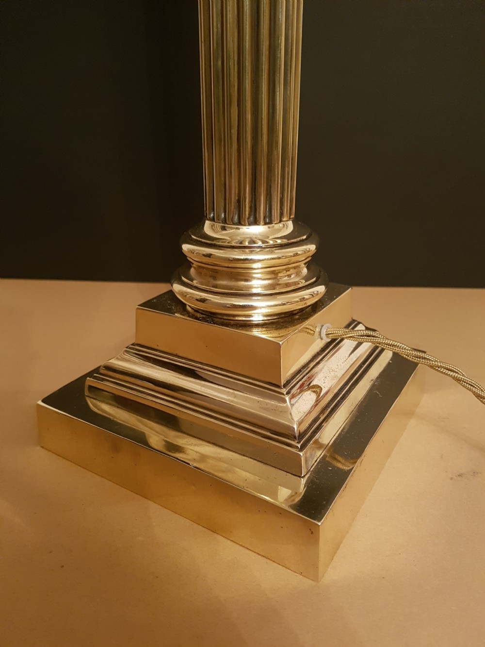 c1910 Very Large Brass Corinthian Column Table Lamp; Rewired and PAT tested View VIII