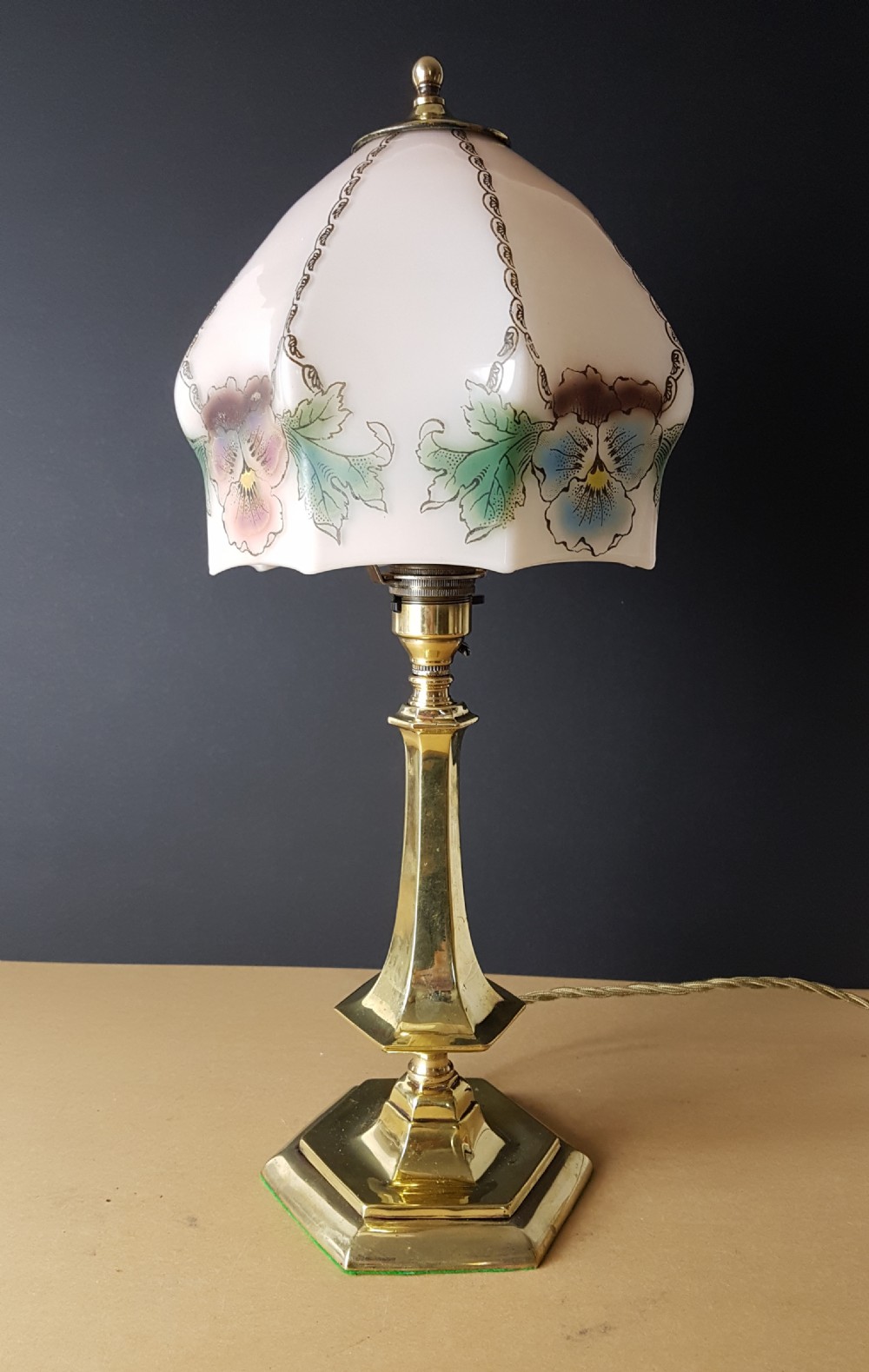 c1920 Cast Brass Table Lamp with Floral Ceramic Shade