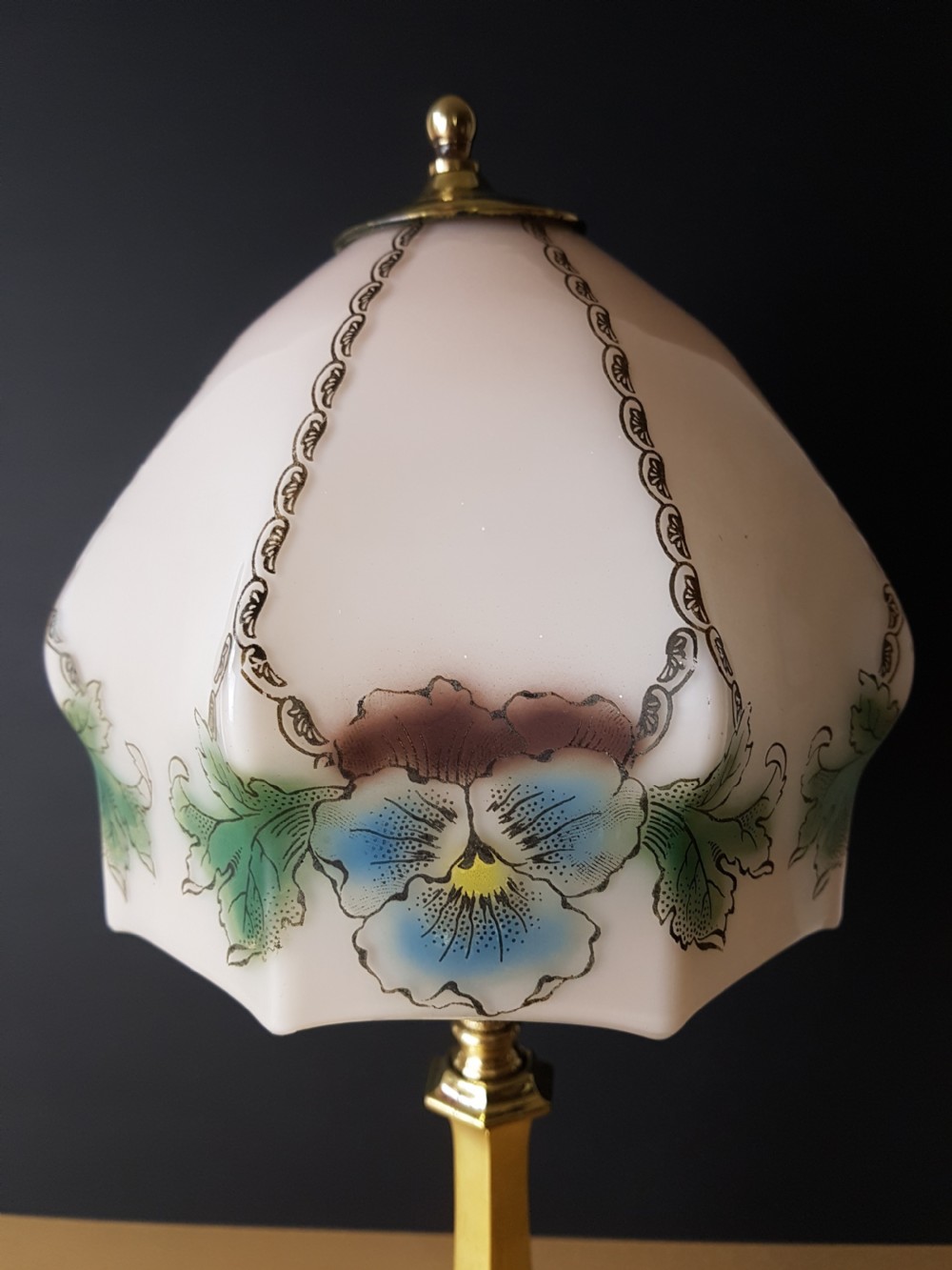 c1920 Cast Brass Table Lamp with Floral Ceramic Shade View II