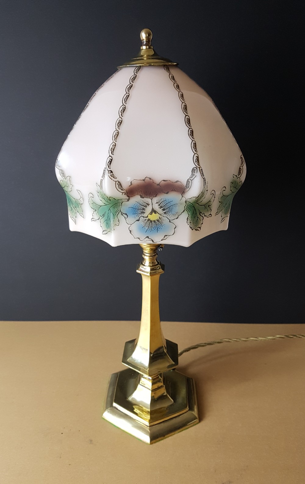 c1920 Cast Brass Table Lamp with Floral Ceramic Shade View III