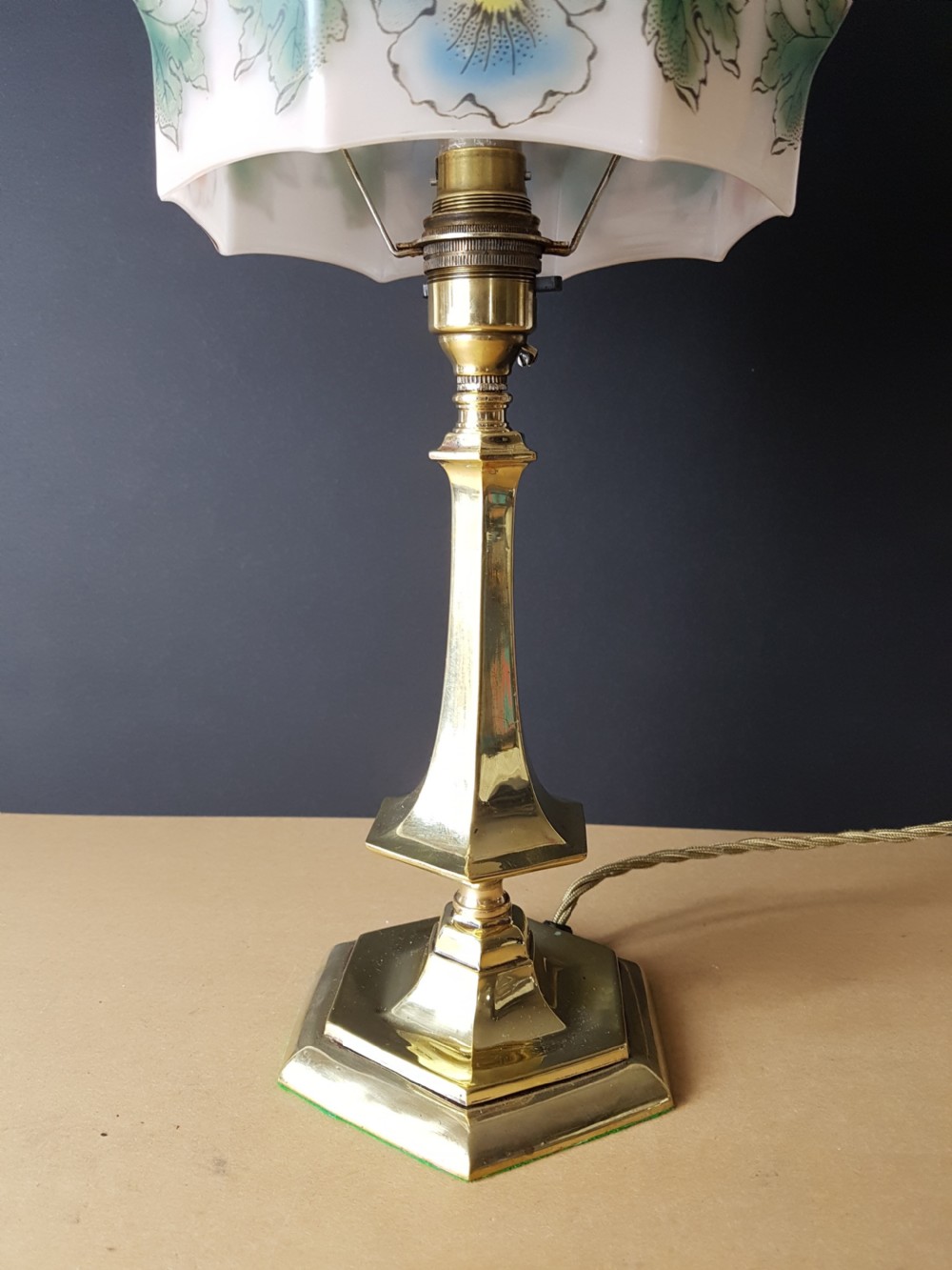 c1920 Cast Brass Table Lamp with Floral Ceramic Shade View IV