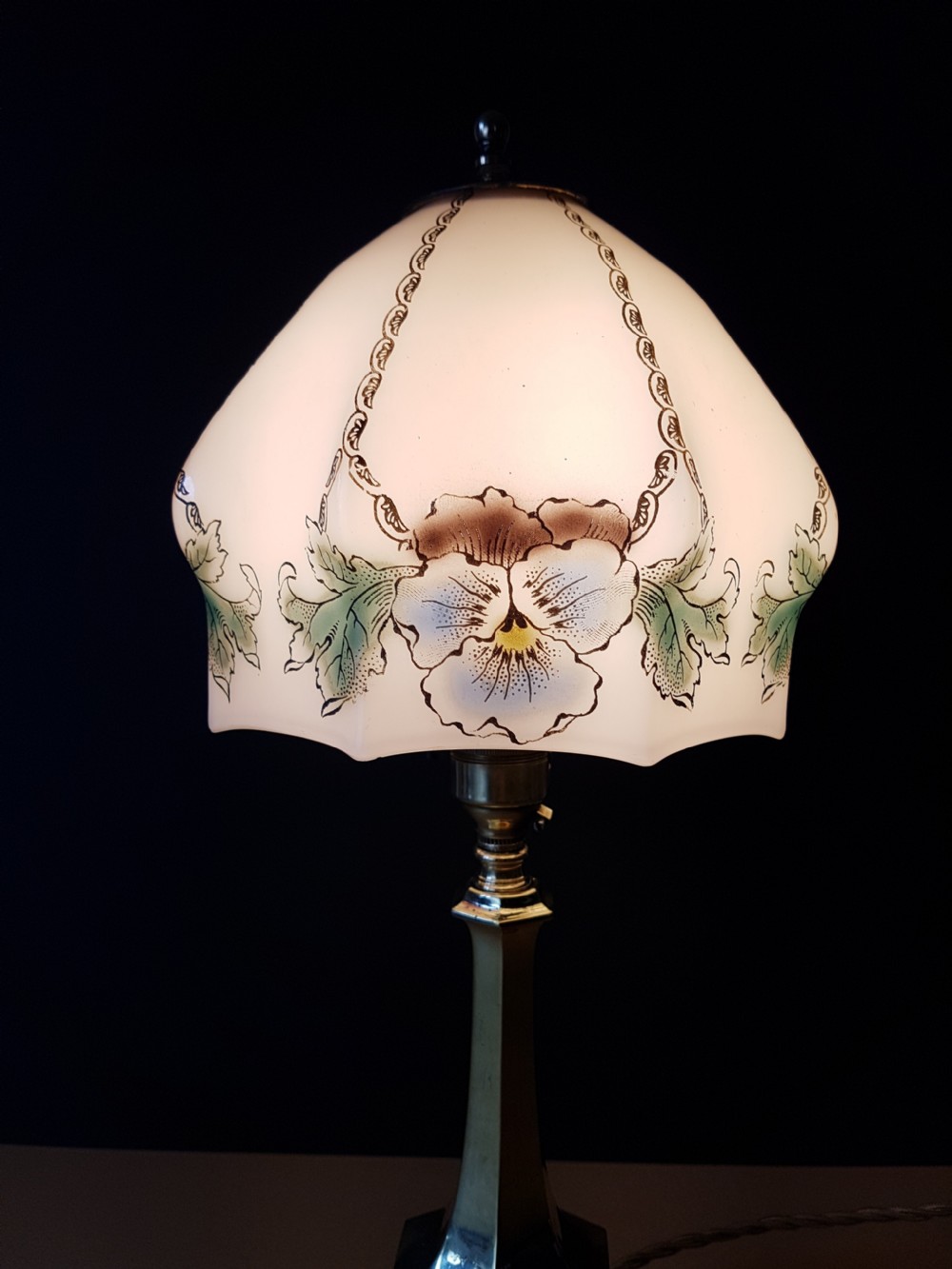 c1920 Cast Brass Table Lamp with Floral Ceramic Shade View V