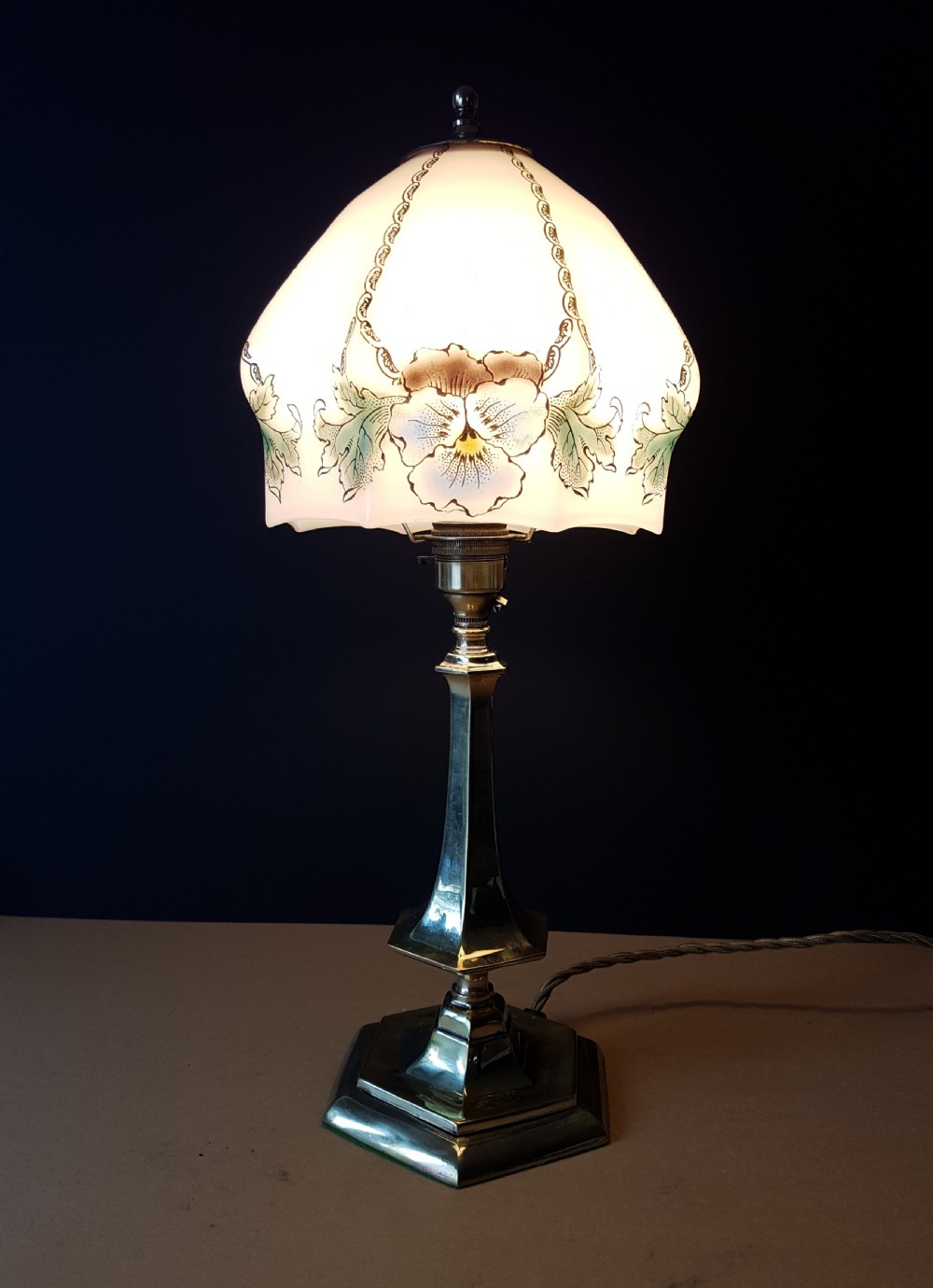 c1920 Cast Brass Table Lamp with Floral Ceramic Shade View VI
