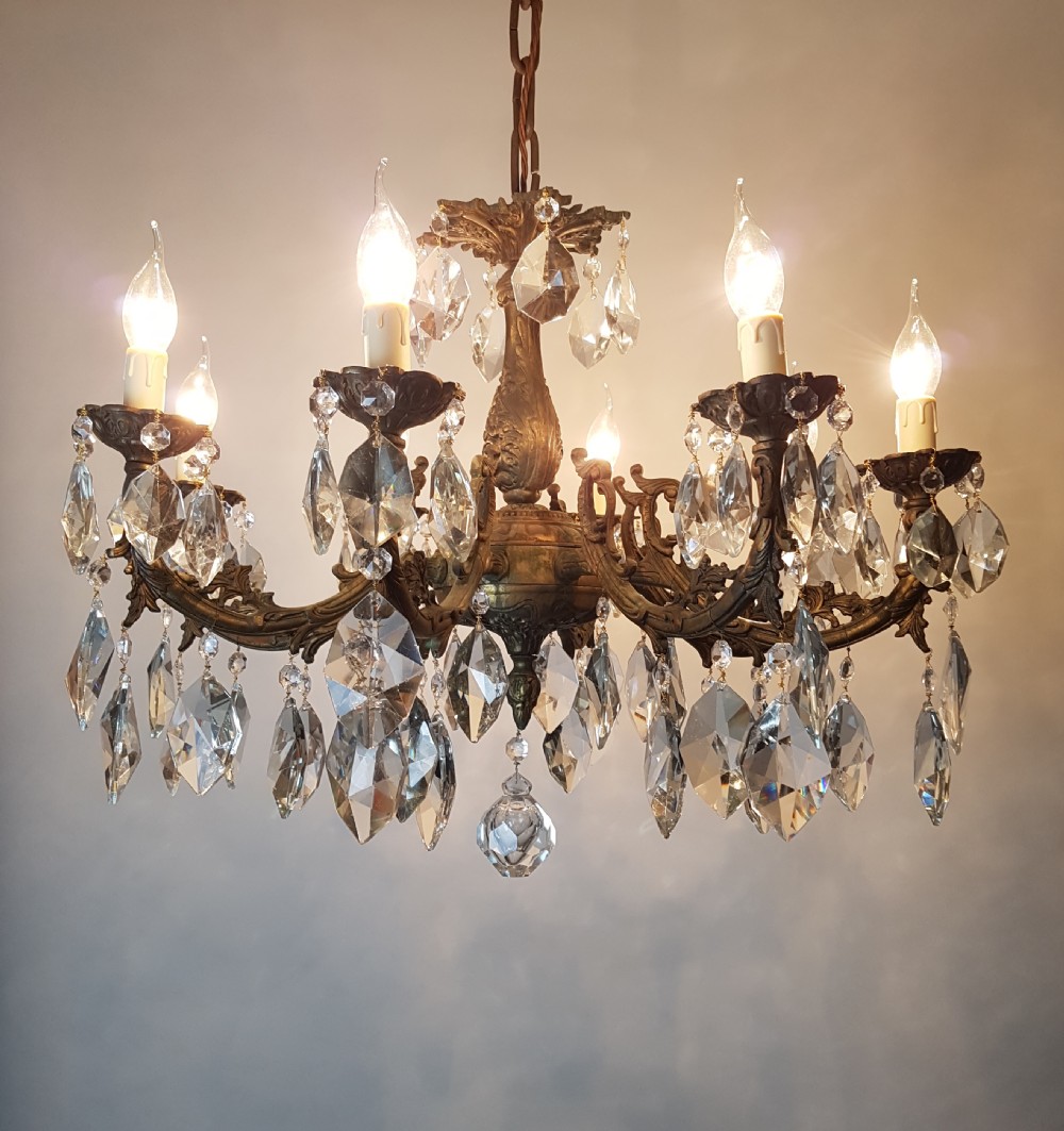 c1900 8 Arm Aged Brass Crystal Chandelier; Rewired 