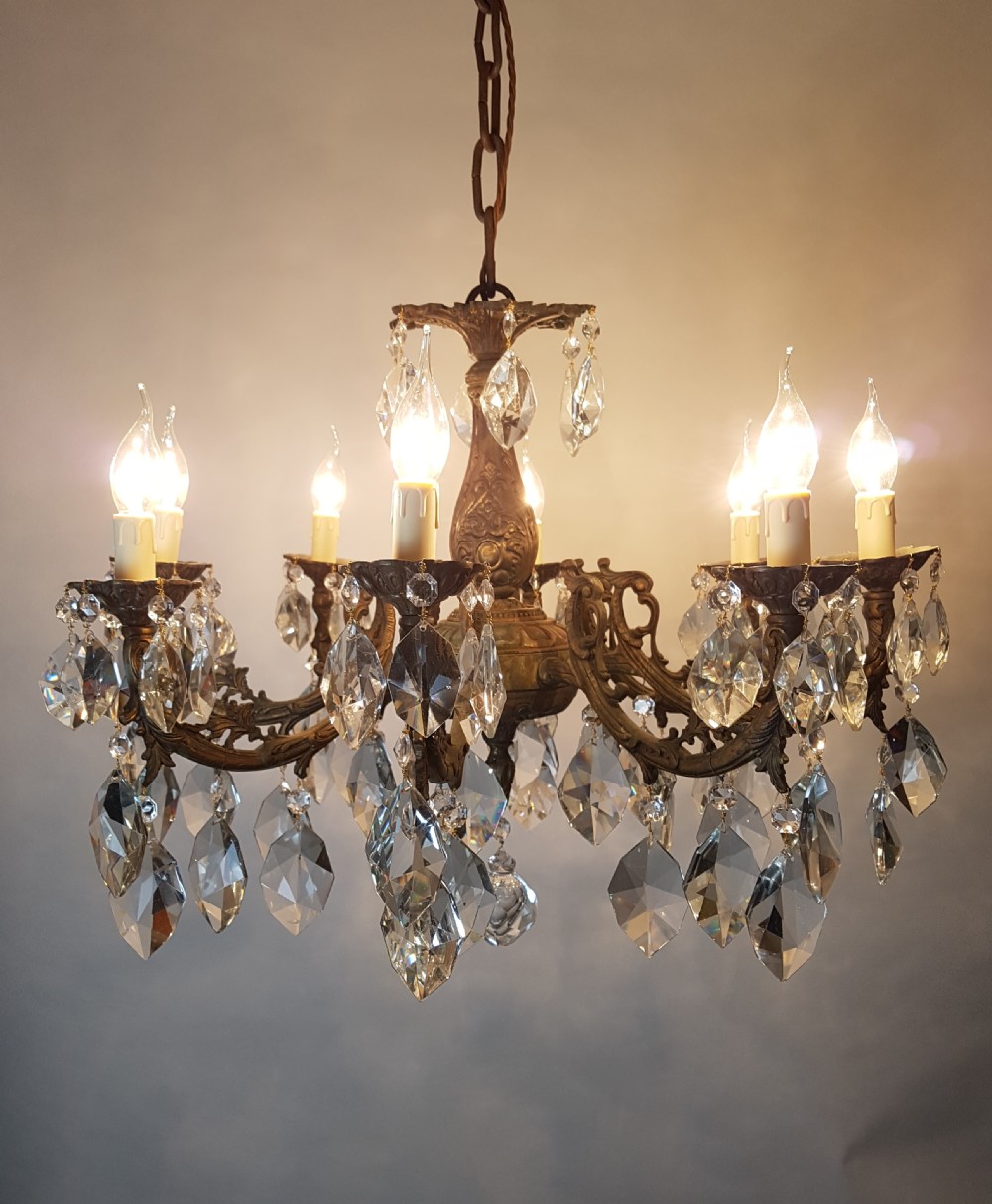 c1900 8 Arm Aged Brass Crystal Chandelier; Rewired  View II
