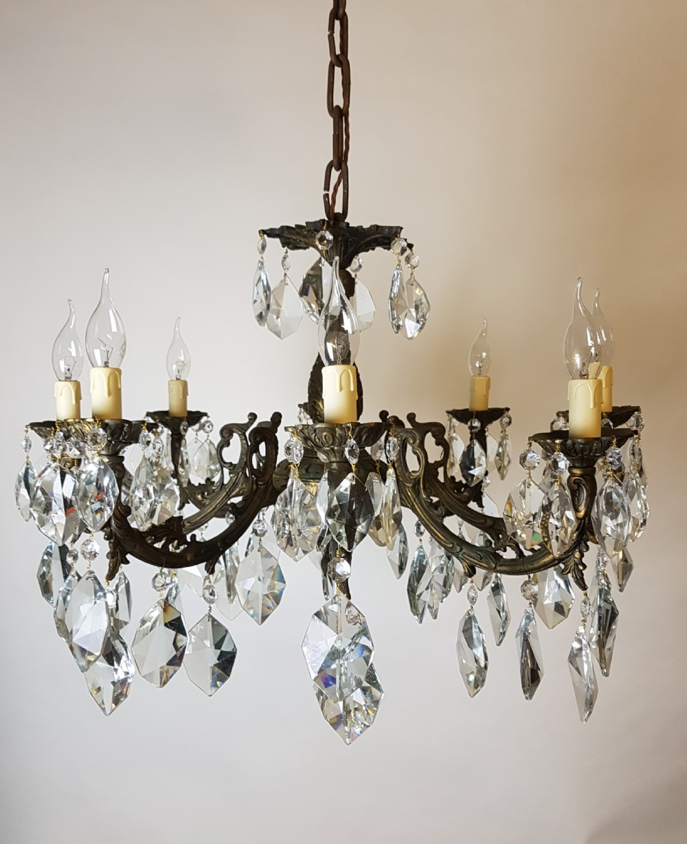 c1900 8 Arm Aged Brass Crystal Chandelier; Rewired  View III