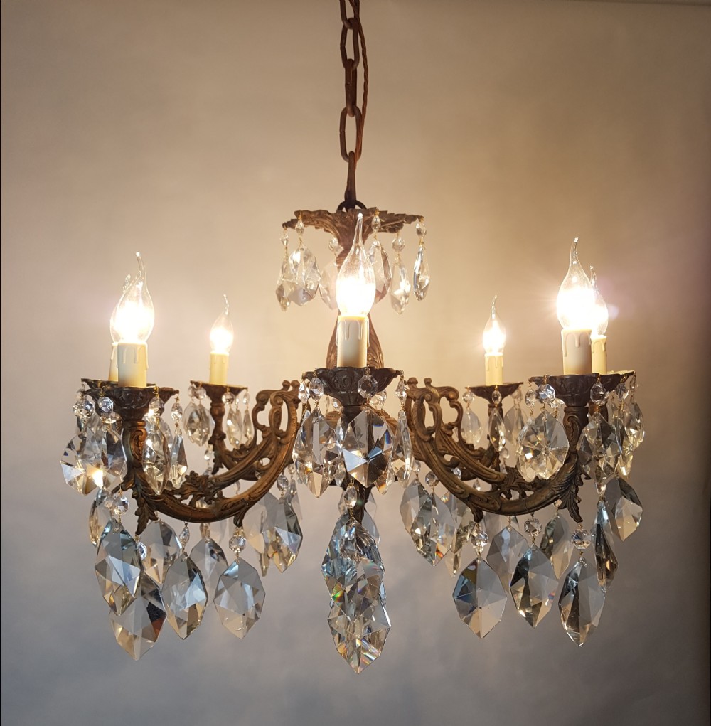 c1900 8 Arm Aged Brass Crystal Chandelier; Rewired  View IV
