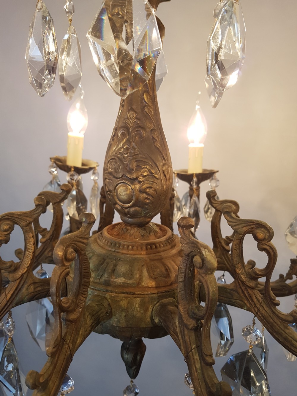 c1900 8 Arm Aged Brass Crystal Chandelier; Rewired  View V