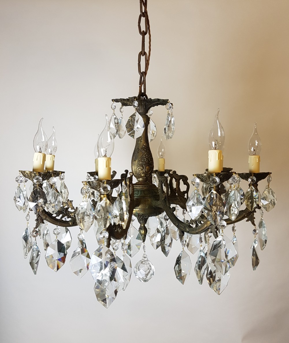 c1900 8 Arm Aged Brass Crystal Chandelier; Rewired  View VI