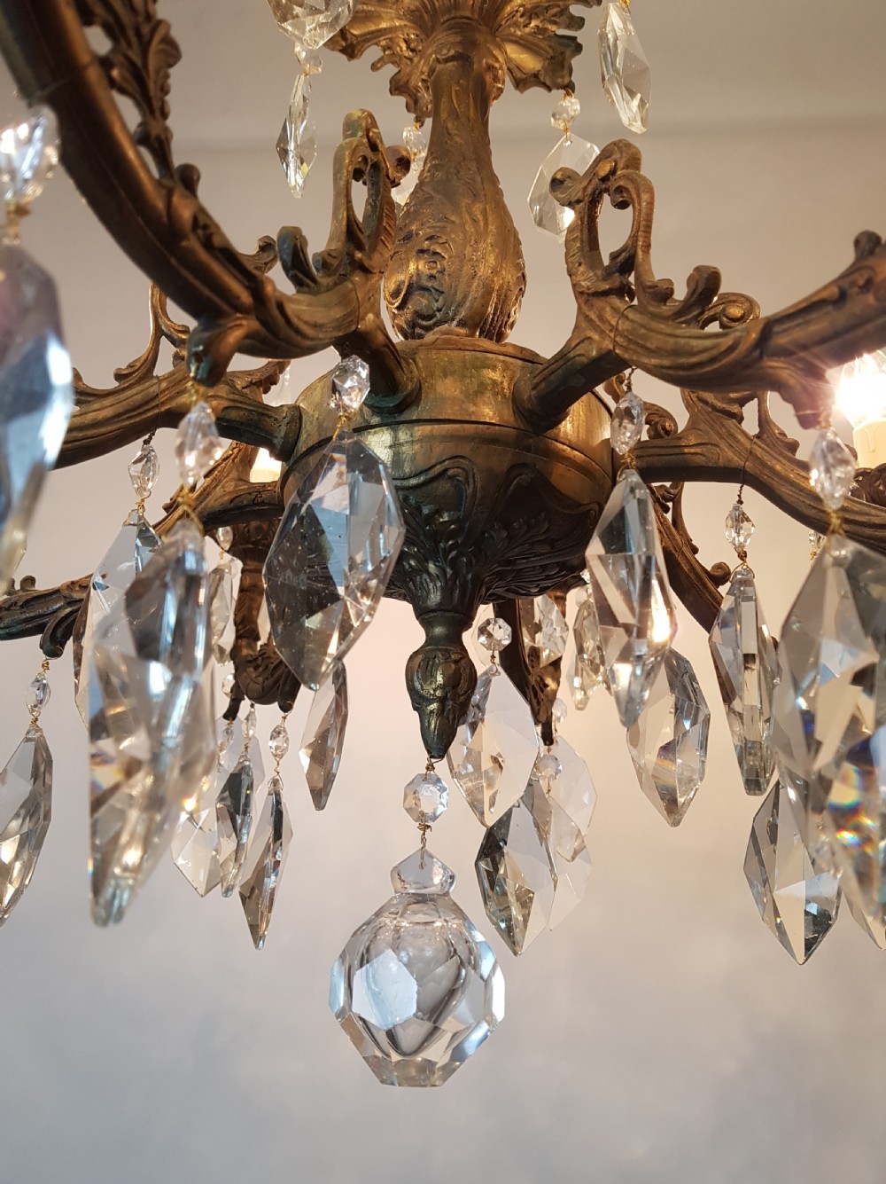 c1900 8 Arm Aged Brass Crystal Chandelier; Rewired  View VII