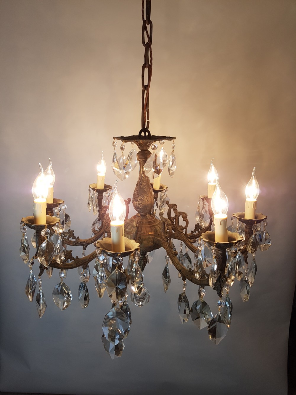 c1900 8 Arm Aged Brass Crystal Chandelier; Rewired  View VIII