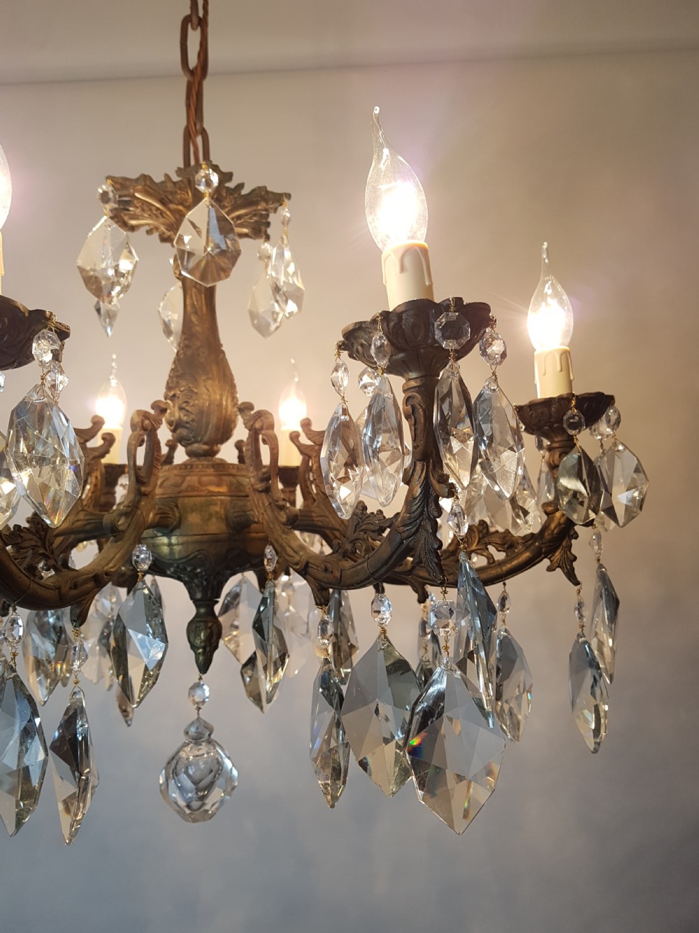 c1900 8 Arm Aged Brass Crystal Chandelier; Rewired  View IX
