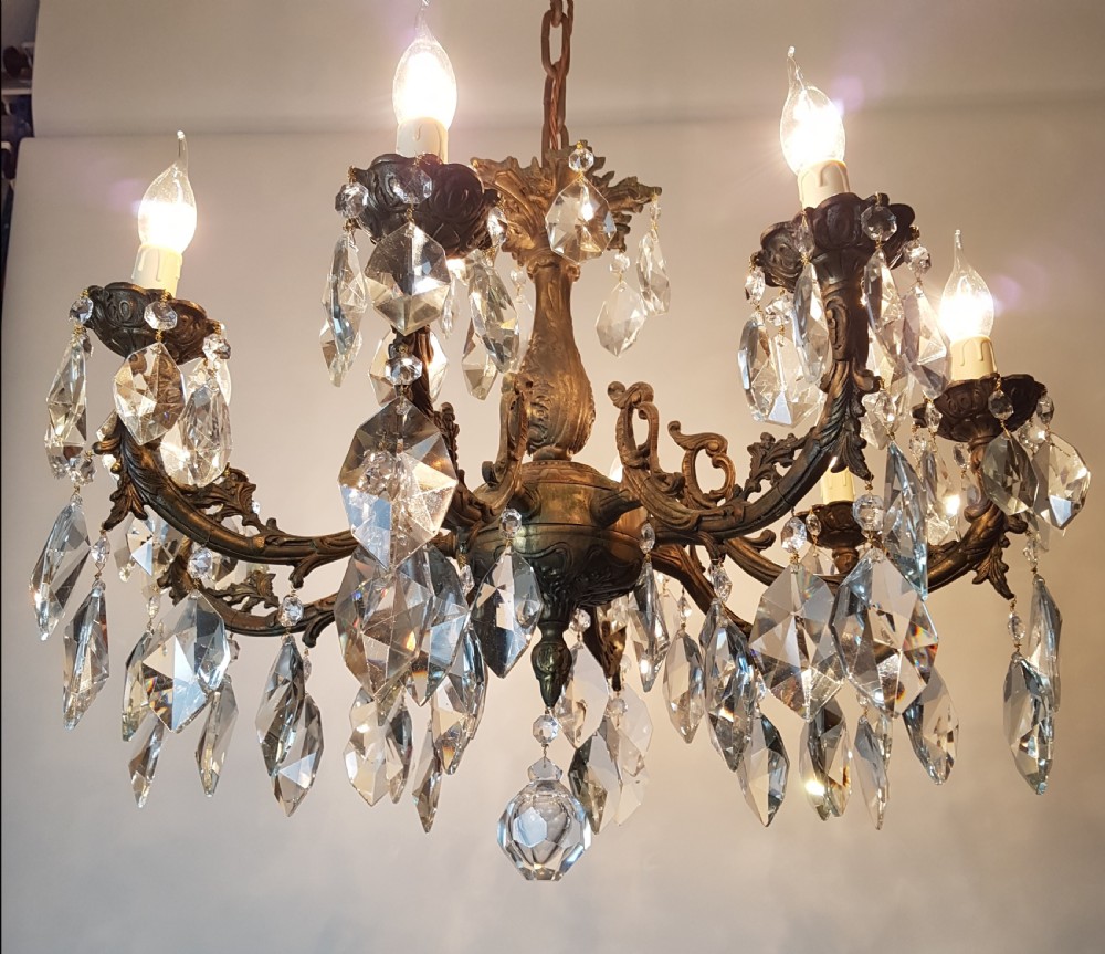 c1900 8 Arm Aged Brass Crystal Chandelier; Rewired  View X