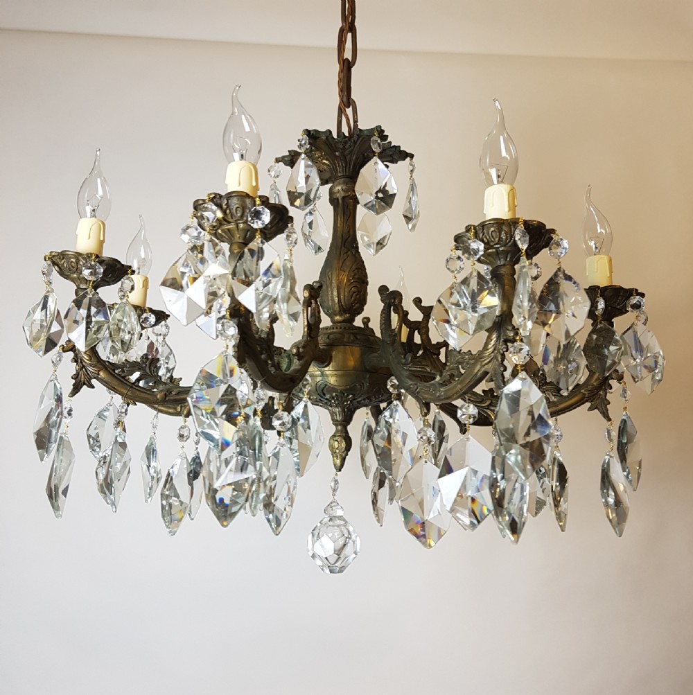 c1900 8 Arm Aged Brass Crystal Chandelier; Rewired  View XI