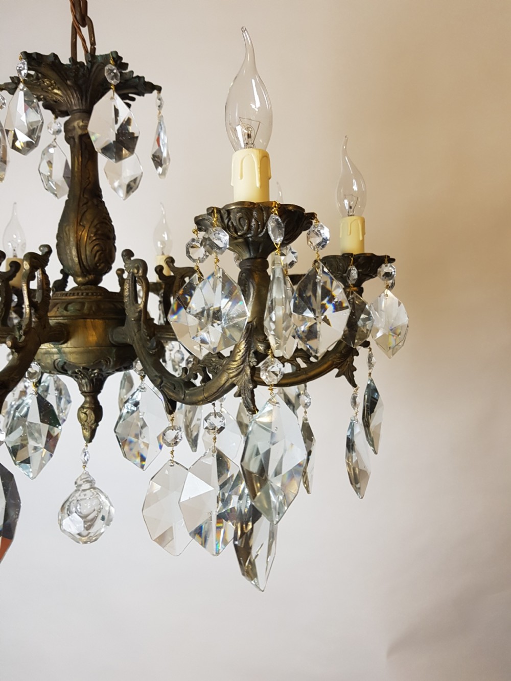 c1900 8 Arm Aged Brass Crystal Chandelier; Rewired  View XII