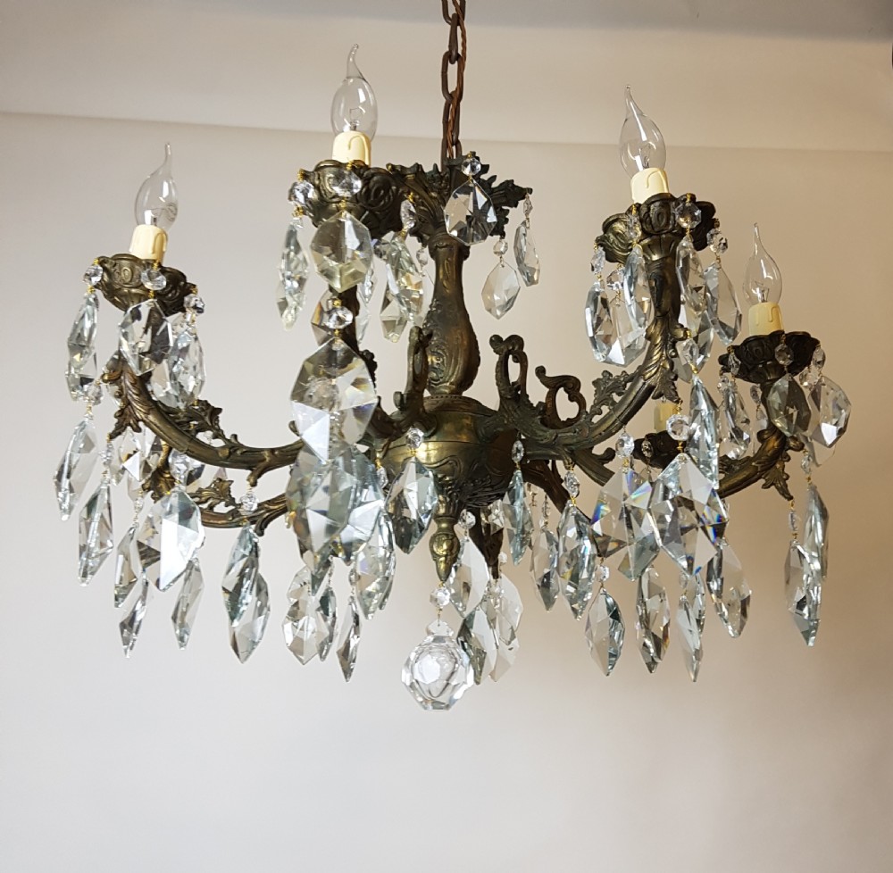c1900 8 Arm Aged Brass Crystal Chandelier; Rewired  View XIV