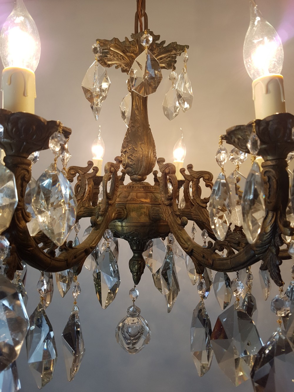 c1900 8 Arm Aged Brass Crystal Chandelier; Rewired  View XV
