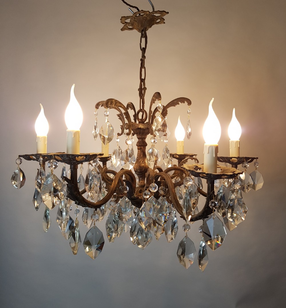 c1910 6 Arm Gilt Brass Crystal Chandelier; Rewired 