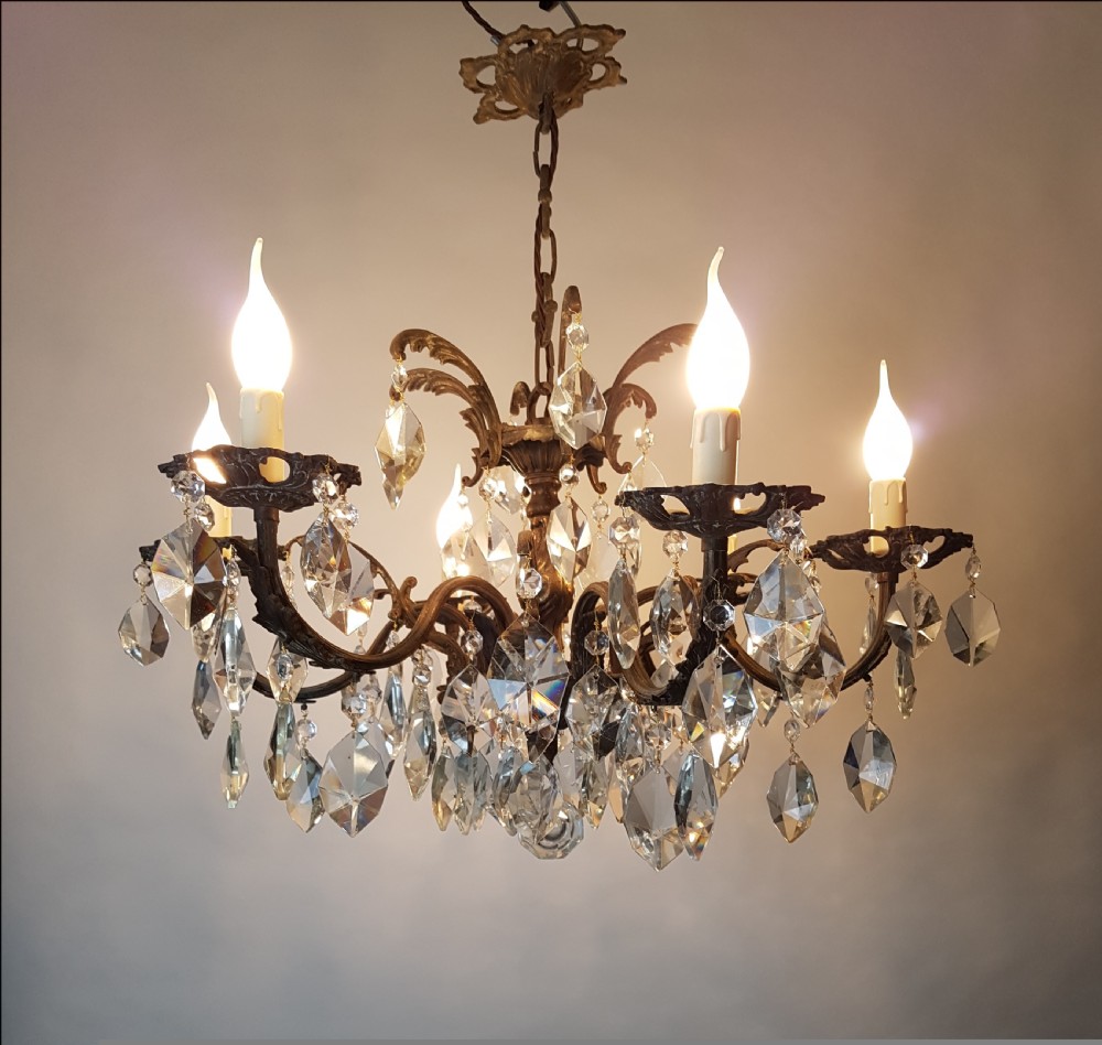c1910 6 Arm Gilt Brass Crystal Chandelier; Rewired  View V