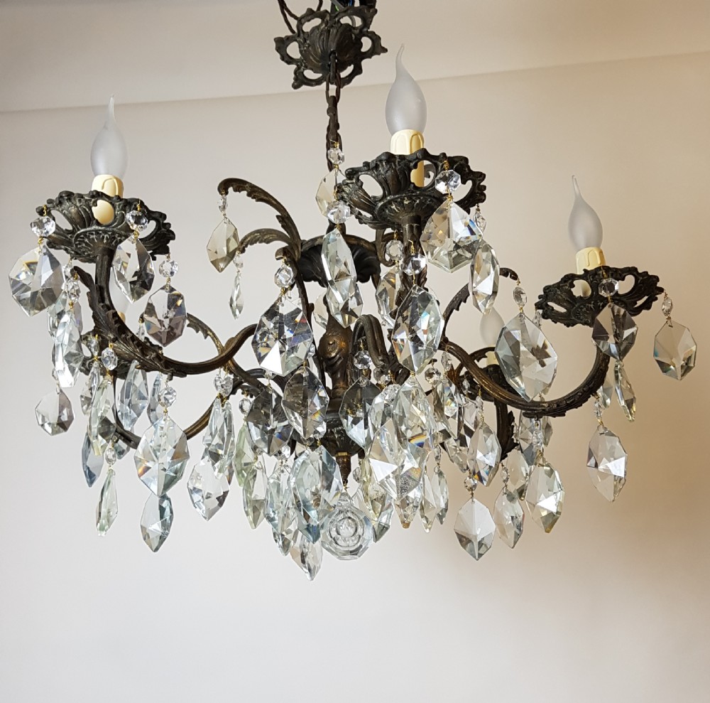 c1910 6 Arm Gilt Brass Crystal Chandelier; Rewired  View VI