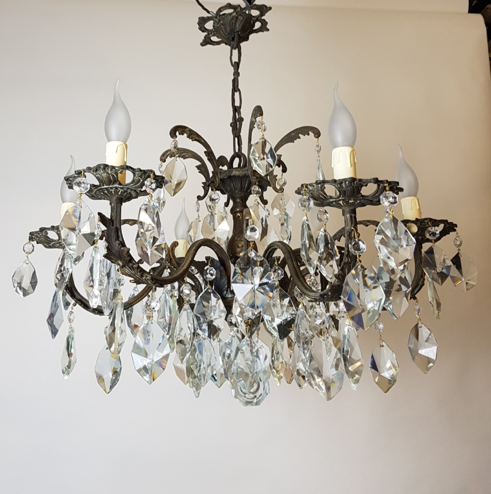 c1910 6 Arm Gilt Brass Crystal Chandelier; Rewired  View VII