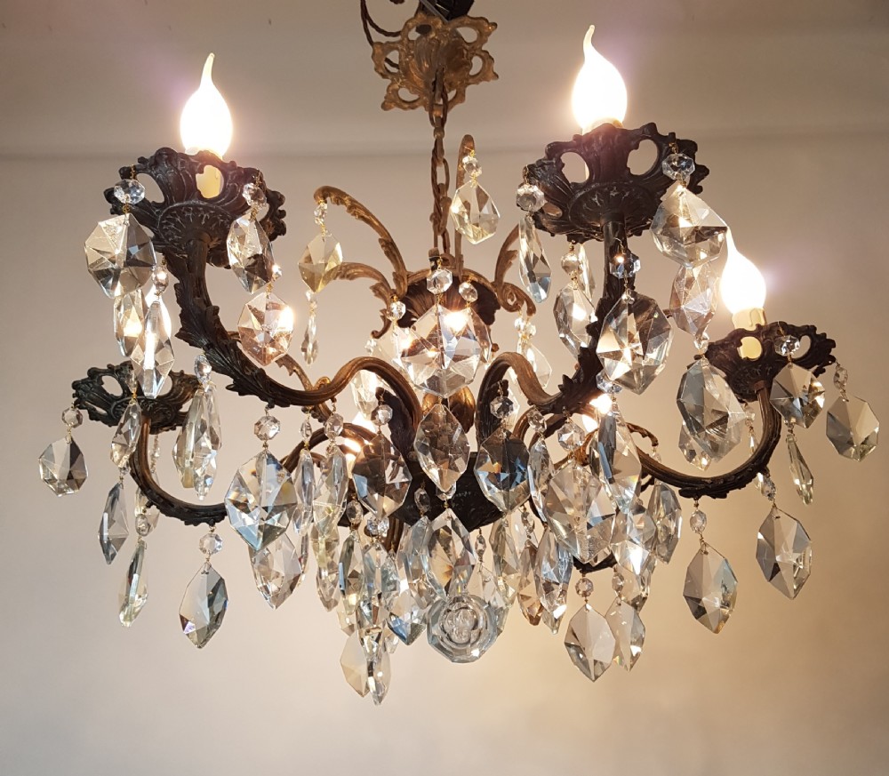 c1910 6 Arm Gilt Brass Crystal Chandelier; Rewired  View VIII