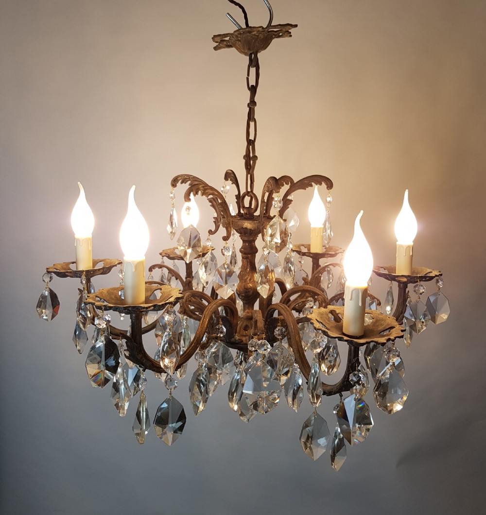 c1910 6 Arm Gilt Brass Crystal Chandelier; Rewired  View IX