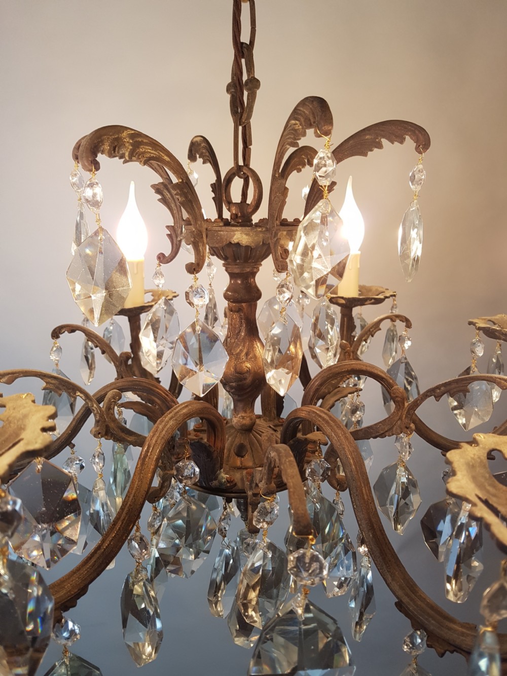 c1910 6 Arm Gilt Brass Crystal Chandelier; Rewired  View X