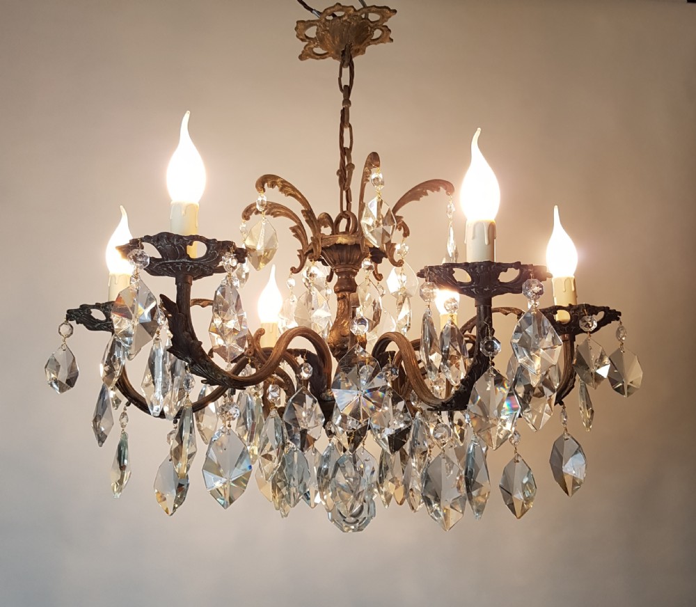 c1910 6 Arm Gilt Brass Crystal Chandelier; Rewired  View XI