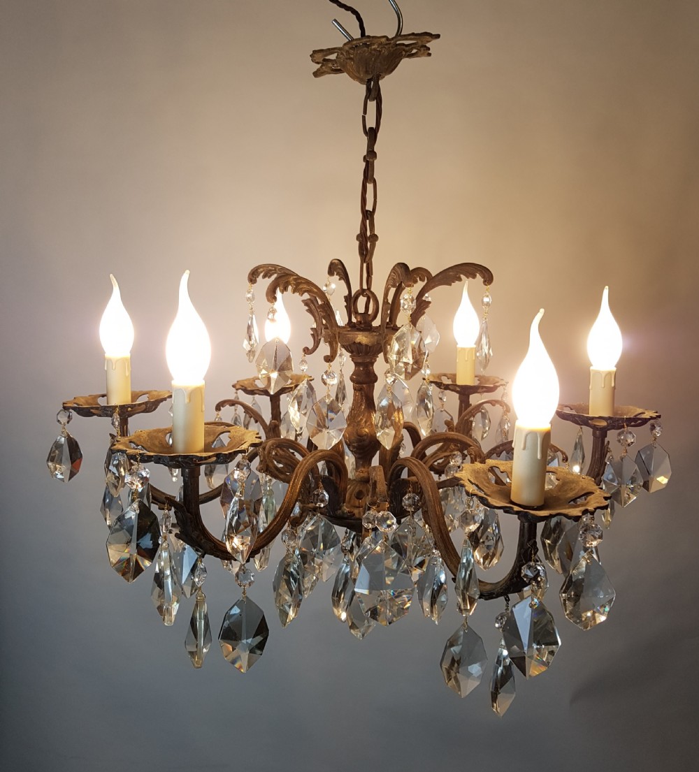 c1910 6 Arm Gilt Brass Crystal Chandelier; Rewired  View XII