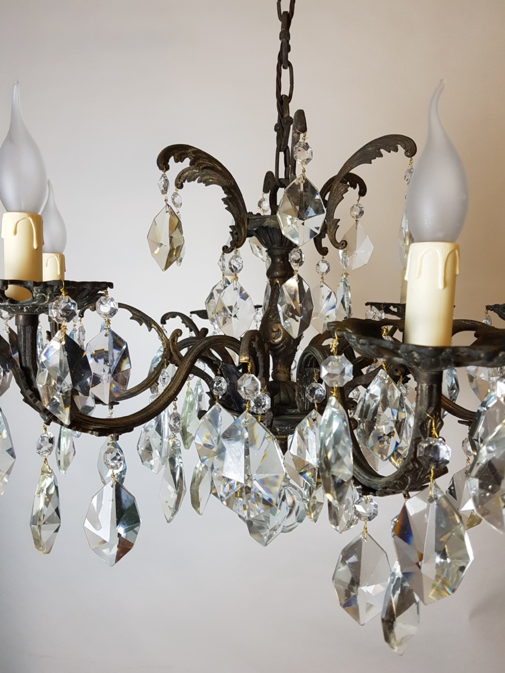 c1910 6 Arm Gilt Brass Crystal Chandelier; Rewired  View XIII