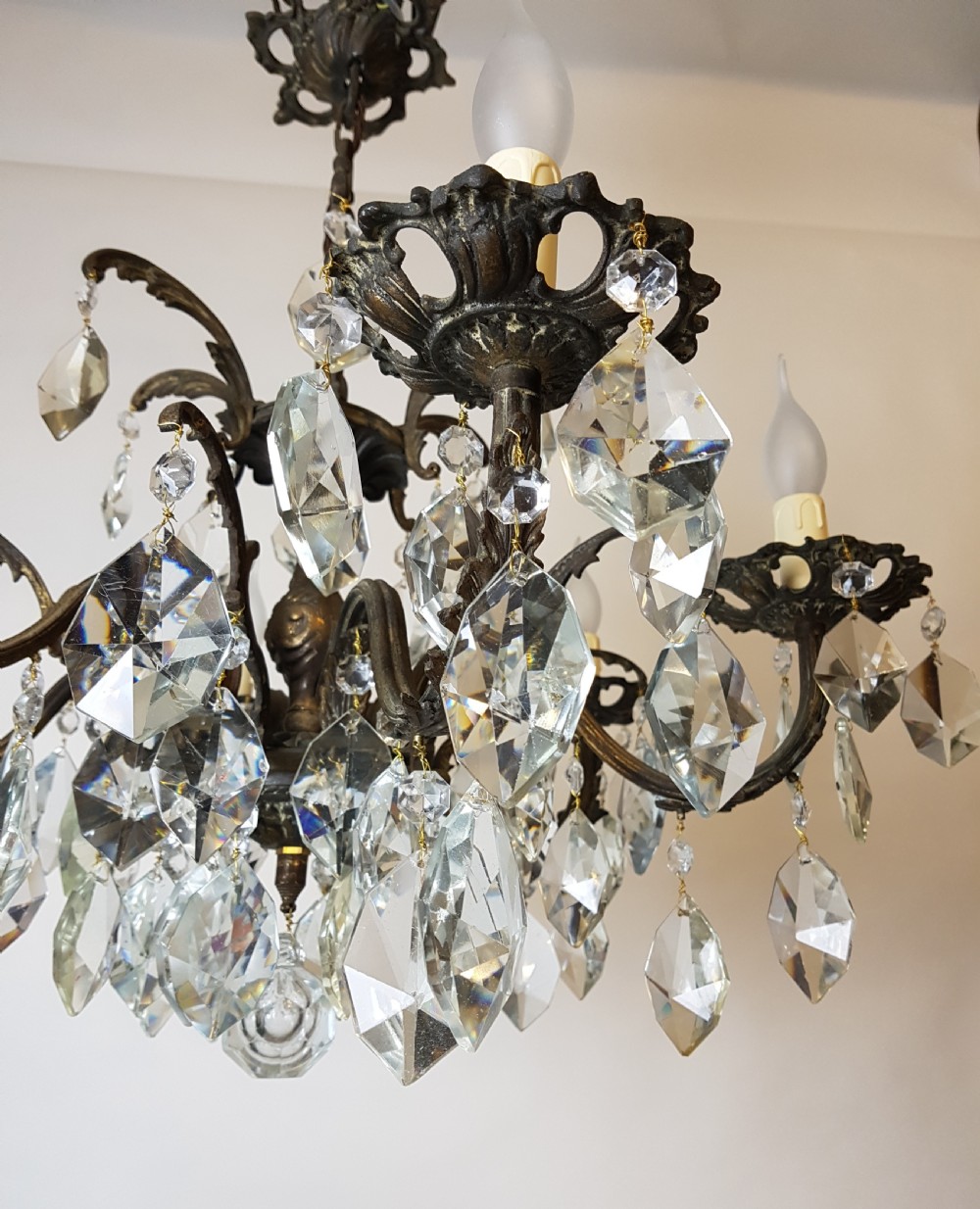 c1910 6 Arm Gilt Brass Crystal Chandelier; Rewired  View XIV