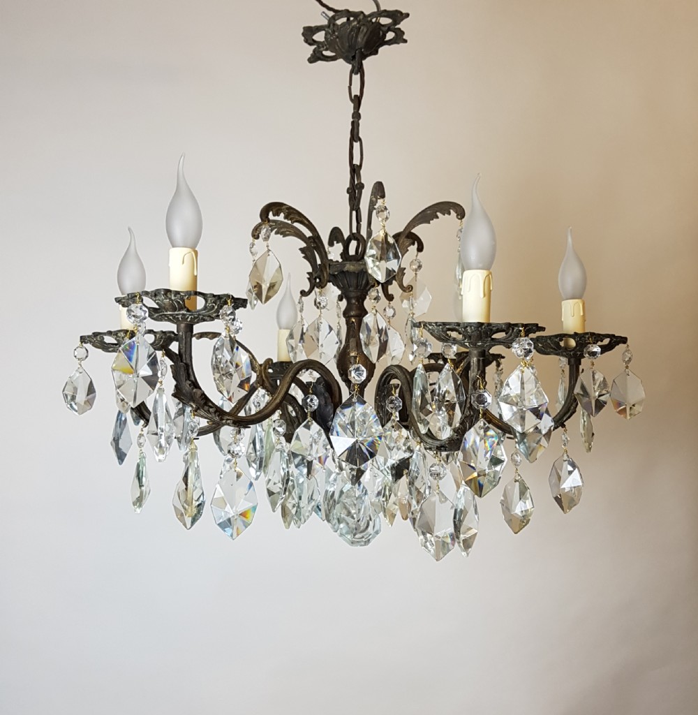 c1910 6 Arm Gilt Brass Crystal Chandelier; Rewired  View XV