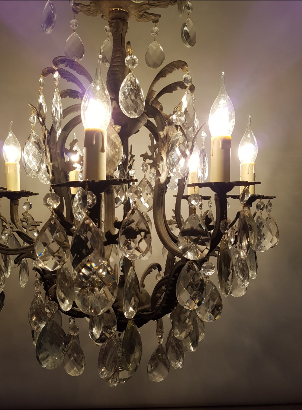 c1900 8 Arm Gilt Brass Crystal Birdcage Chandelier  View II
