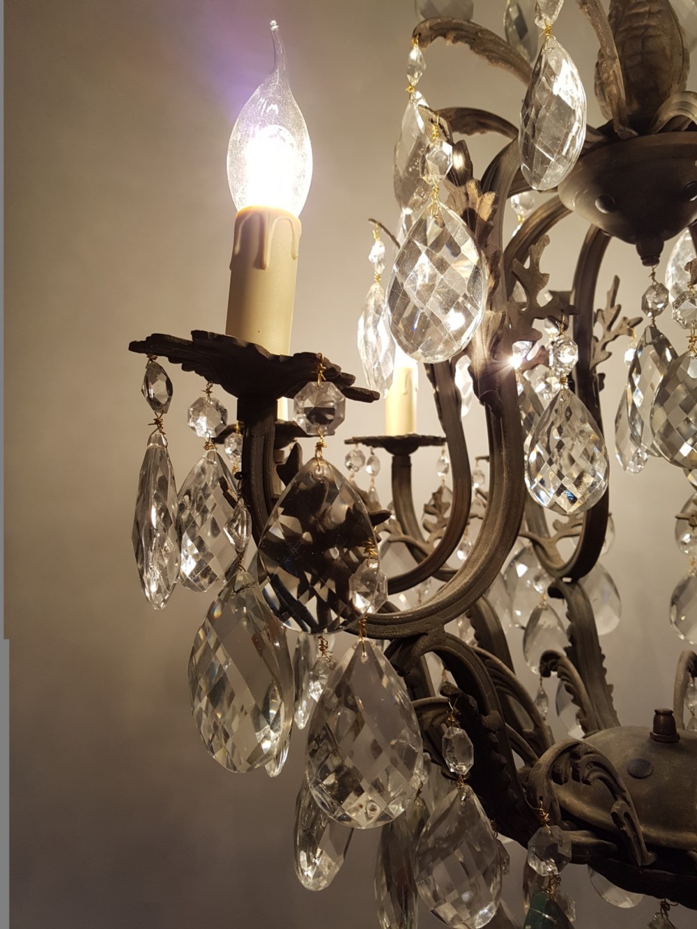 c1900 8 Arm Gilt Brass Crystal Birdcage Chandelier  View III