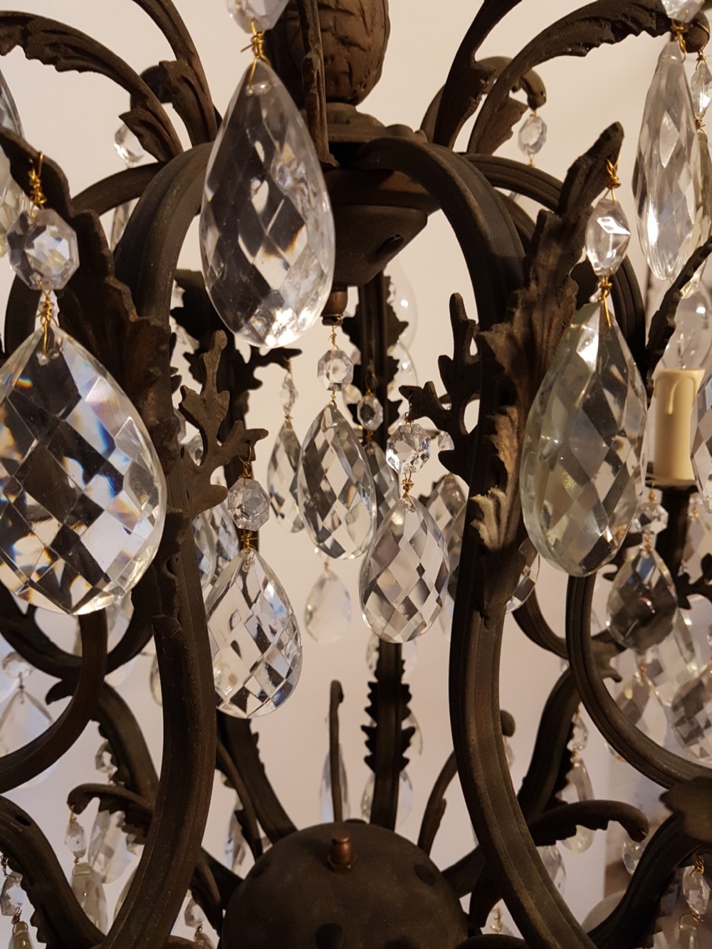 c1900 8 Arm Gilt Brass Crystal Birdcage Chandelier  View IV