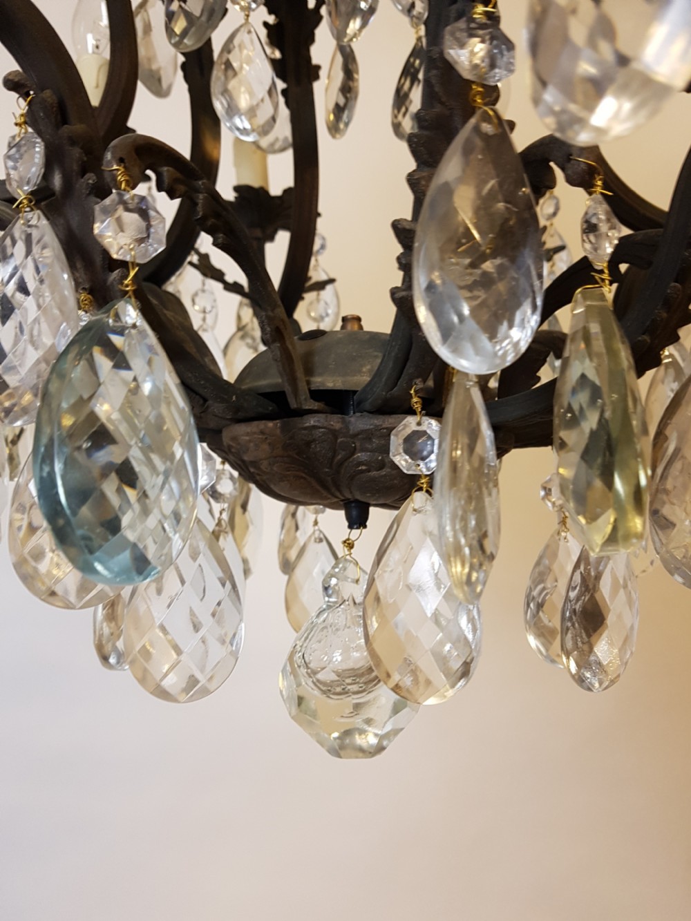 c1900 8 Arm Gilt Brass Crystal Birdcage Chandelier  View V