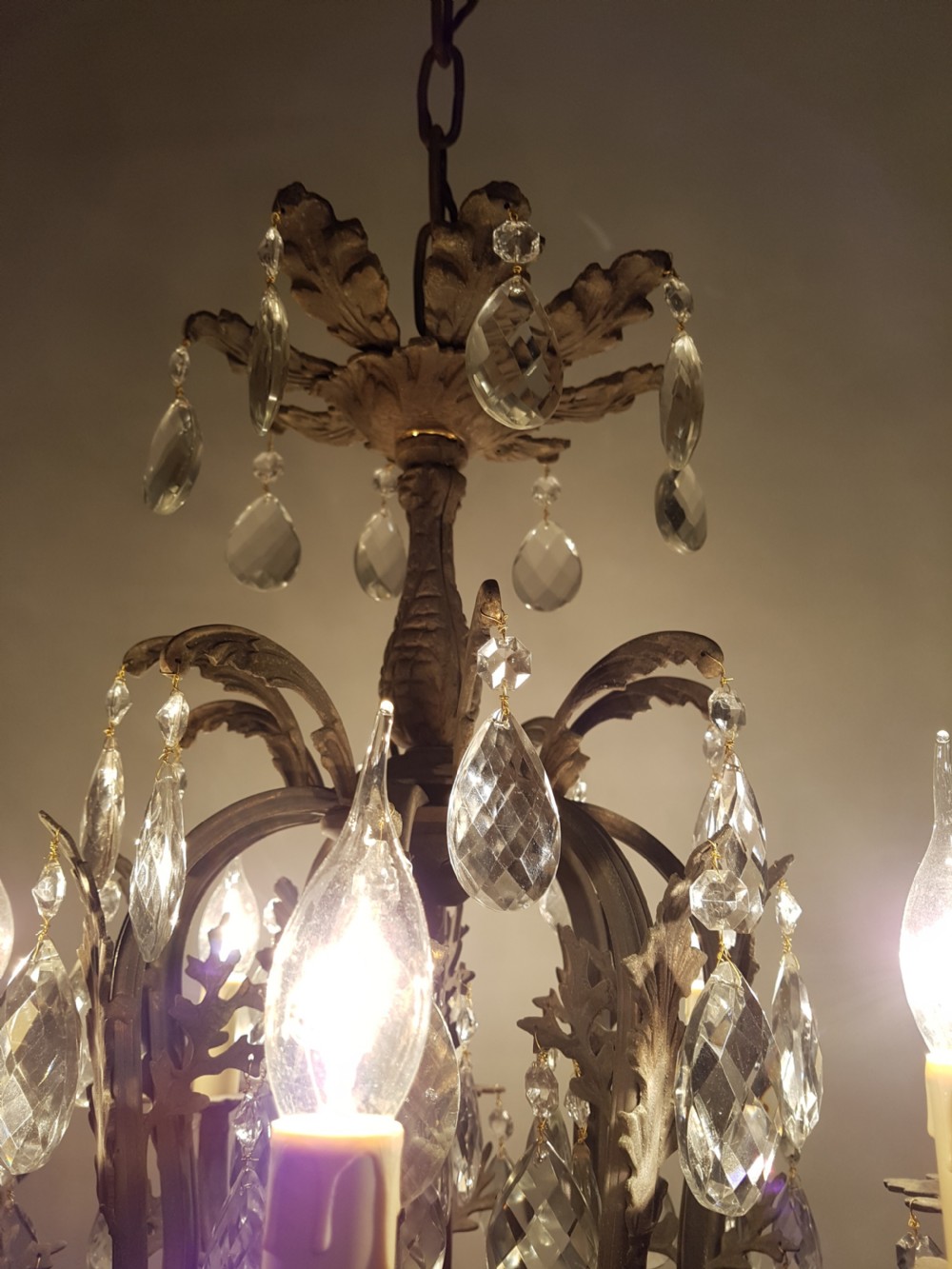 c1900 8 Arm Gilt Brass Crystal Birdcage Chandelier  View VI